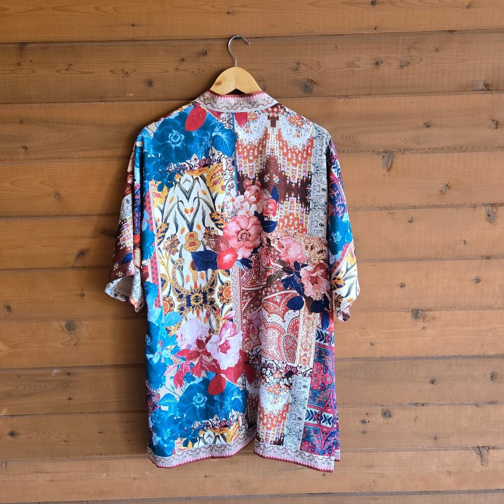 Chico's Kimono Tapestry Floral Mid Tunic Top Floral S/M Boho Flowy Cardigan S/M - Picture 2 of 7